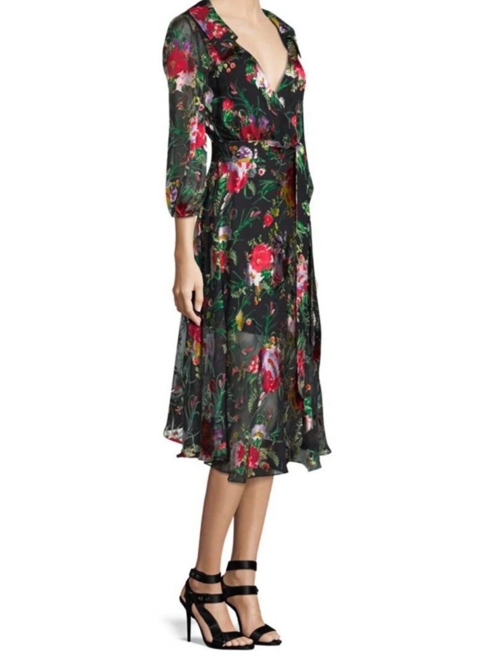 NWT Alice + Olivia Abney Black Floral Wrap Midi Dress Blooming Bouquet size 10 - Picture 14 of 16